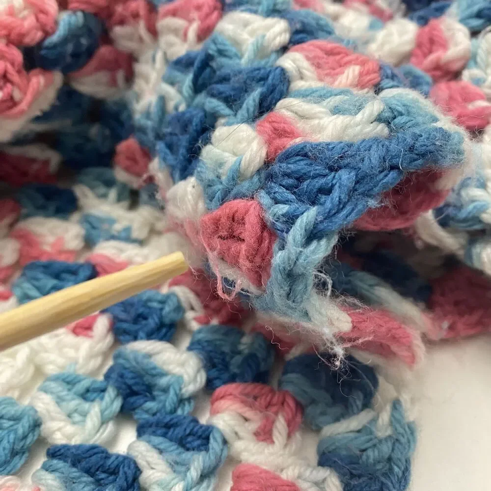 Pre-loved Handmade Crochet Afghan Throw Blanket Pink Blue White 63